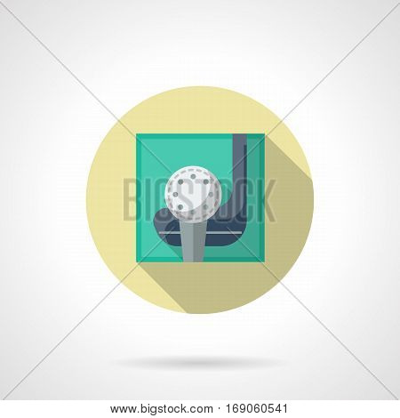 Golf ball on tee and blue putter. Symbol for sport club or shop. Golfing equipment. Activity leisure and hobbies. Round flat design vector icon.