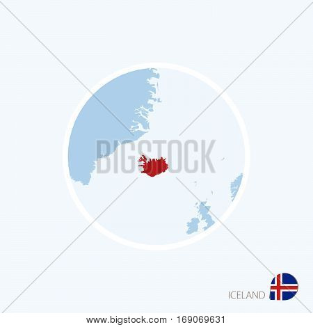 Map Icon Of Iceland. Blue Map Of Europe With Highlighted Iceland In Red Color.