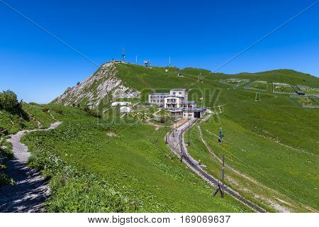 Beautiful view of the cogwheel train station on top of the Rochers-de-Naye near Montreux Canton of Vaud Switzerland