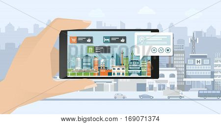 Augmented reality navigation and location concept: hand holding a smartphone and viewing a city street the user is searching places using an app