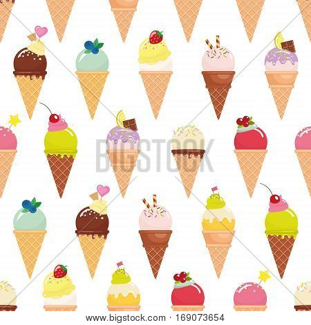 Ice cream cone seamless pattern background. Realistic. Bright and pastel colors. Isolated on white. For print and web. Vector EPS10.