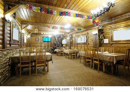 Interior of a cafe in a wooden house