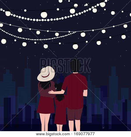 couple and kids family happy looking at city scene at night with malp hanging vector
