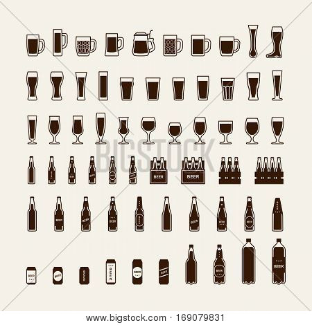 Beer bottles and glasses icons set. Vector illustration