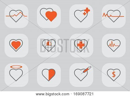 Vector 12 heart icons set gray and orange