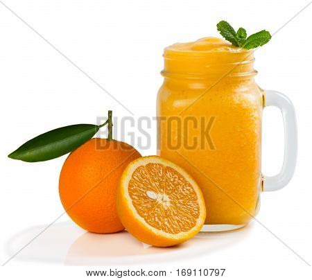 Orange fruit and smoothie in a jar mug isolates on white background.