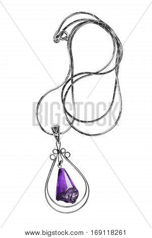 Elegant amethyst pendant on silver chain isolated over white