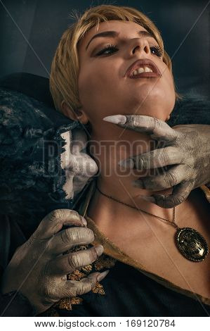 Scary Vampire Devil Biting Young Woman. Medieval Gothic Nightmare Horror.