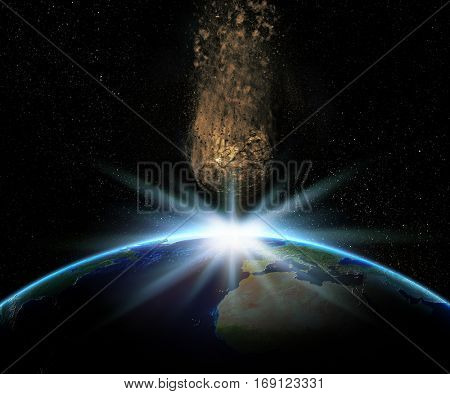 3D render of Earth with huge asteroid hurtling towards it - elements of this image furnished by NASA