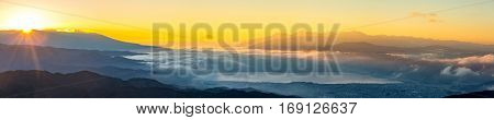 aerial Mount Fuji with Suwako Lake sunrise Takabochi panorama