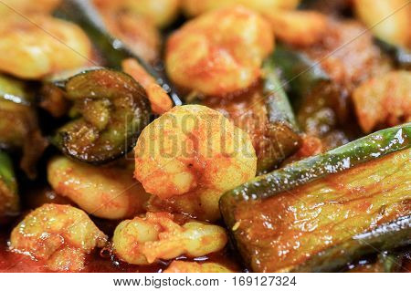 Brinjal with Prawn Curry,Malaysian traditional and famous food.