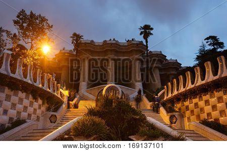 Barcelona Spain - January 03 2017: The staicase to the Hypostyle Hall in a park Guell at evening time