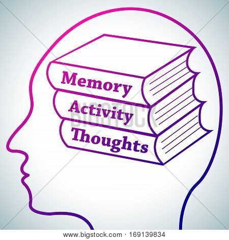 Human Head Logo Silhouette, Brain Studying Conception.Books in brain named Memory, Activity, Thoughts symbolizing Personal development, Brain Learn on white luminous background.Human psychology concept