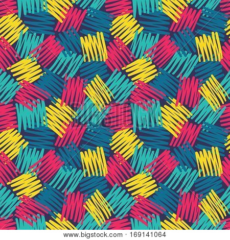 Abstract geometric background - seamless vector pattern in sketch drawing style. Yellow, red, green and blue pastel colors. Hatch texture design. Messy ragged lines.