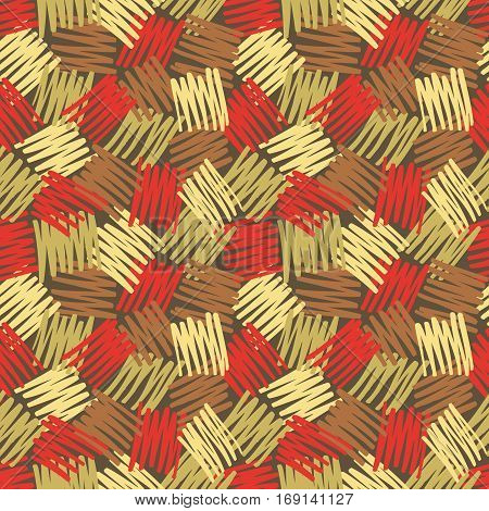 Abstract geometric background - seamless vector pattern in sketch drawing style. Brown, red, beige vintage pastel colors. Hatch texture design. Messy ragged lines.