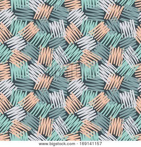 Abstract geometric background - seamless vector pattern in sketch drawing style. Pink, blue and green light pastel colors. Hatch texture design. Messy ragged lines.