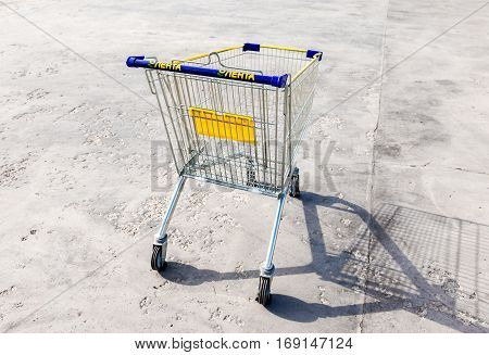 SAMARA RUSSIA - JUNE 4 2016: Shopping cart of Lenta store. Lenta is one of the largest retail chains in Russia