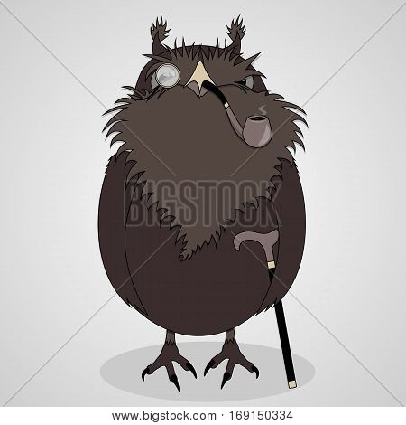 Vector Illustration cartoon owl with glasses, pipe and canefor your design