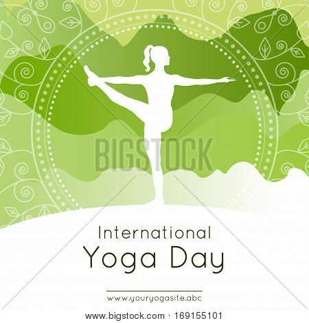 Vector illustration with woman in yoga pose on an mountains landscape background for use as template of poster for International Yoga Day 21st June.