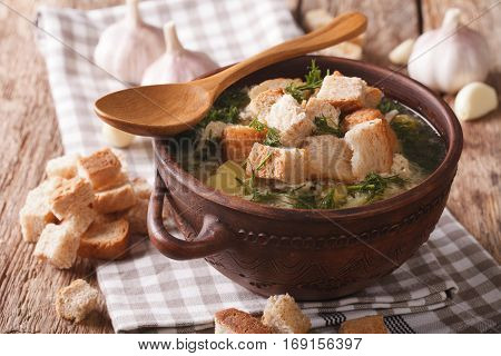 Garlic Soup With Homemade Croutons Close Up In A Bowl. Horizontal