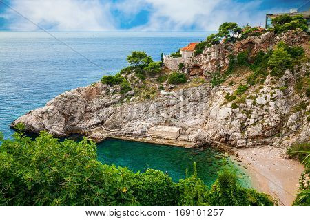 aerial view of the public Bellevue beach in Dubrovnik Croatia