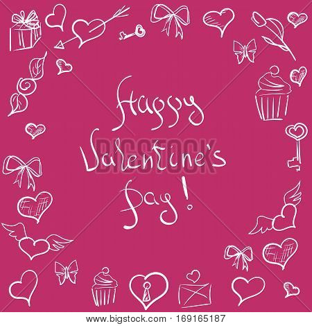 Valentines day card ornate background. hand-drawn pattern with hearts flowers and abstraction. Valentines day background.