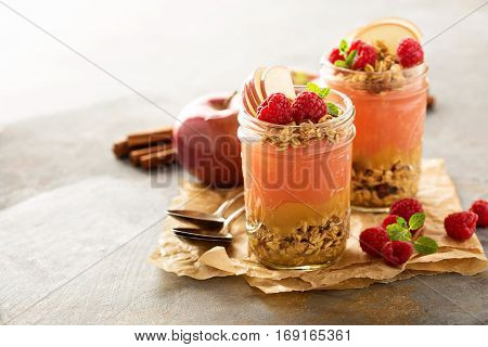 Applesauce and raspberry puree parfait with cinnamon and granola