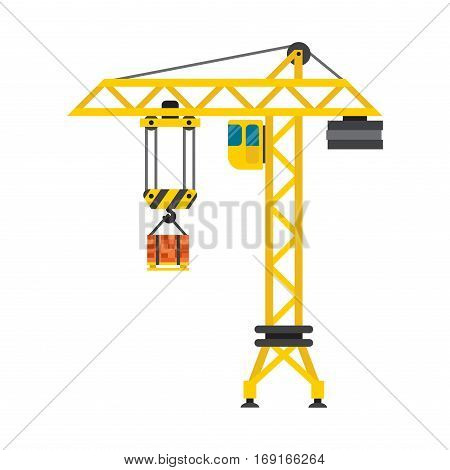 Crane urban house architecture and exterior house built. Lifts concrete slab construction vector. Engineering business equipment tall industrial technology.