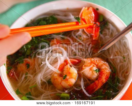 Asian Pho Soup With Nooldes And Prawn