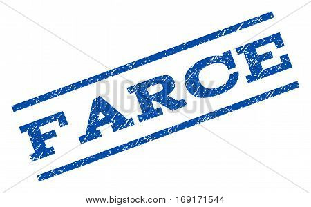Farce watermark stamp. Text caption between parallel lines with grunge design style. Rotated rubber seal stamp with dust texture. Vector blue ink imprint on a white background.