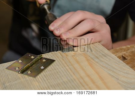 Carpenter working on wood with a chisel for a hinge - close up