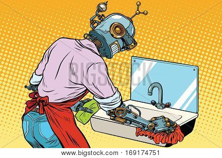 Home cleaning washing kitchen sinks, robot works. Vintage pop art retro vector illustration