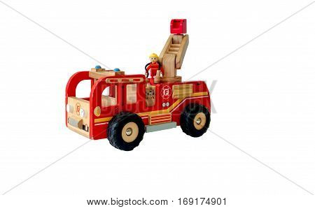 Vintage wooden red fire truck toy isolated