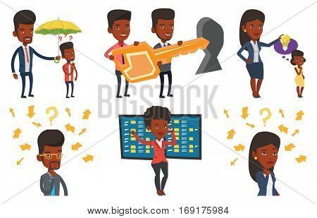 Businessman talking on mobile phone on the background of display of stock market quotes. Happy stockbroker at stock exchange. Set of vector flat design illustrations isolated on white background.