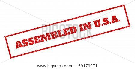 Red rubber seal stamp with Assembled In U.S.A. text. Vector caption inside rectangular frame. Grunge design and scratched texture for watermark labels. Inclined sticker.