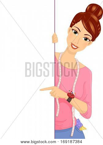 Board Illustration Featuring a Female Sewer with a Measuring Tape Around Her Neck and a Pin Cushion Around Her Wrist