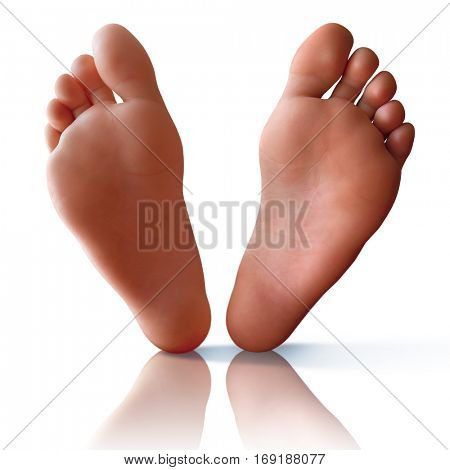 Clean bare feet with reflection and shadow over white background
