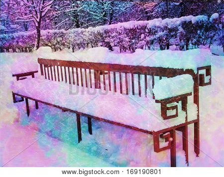 Park Bench Covered With Fresh White Snow