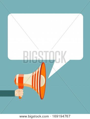 Hand holding megaphone with bubble speech. Stock vector illustration