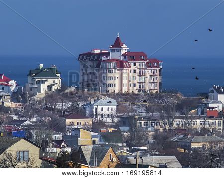 Nice view of big house on the hill by the black sea