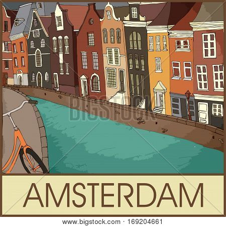 Amsterdam canal houses. Hand drawn, vector illustration