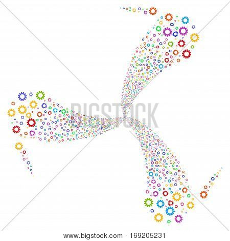 Cog fireworks swirl rotation. Vector illustration style is flat bright multicolored iconic symbols on a white background. Object whirl done from random design elements.