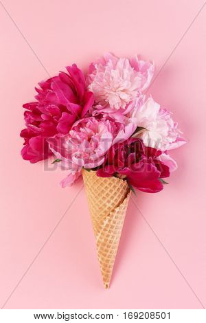 peony flowers in the waffle cone