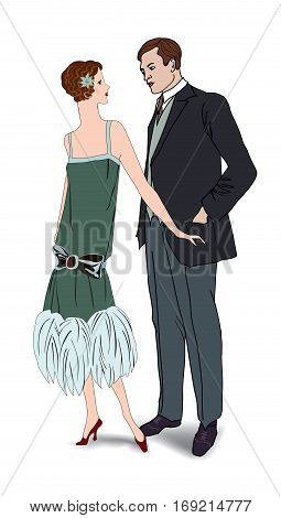 Man and woman in cocktail dress in vintage style 1920's. Portrait of an attractive flapper girl with her boyfriend. Retro fashion illustration isolated on white background.