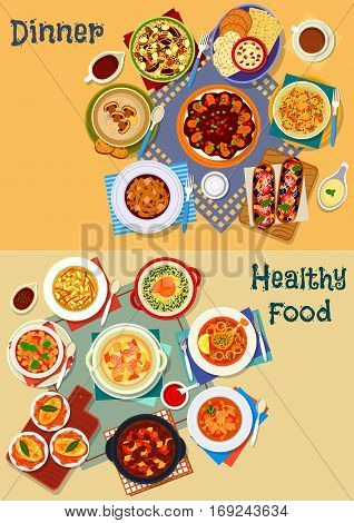 Popular soup and salad of world cuisine icon set with vegetable salad, salmon, duck, seafood, lamb and vegetable soups, chicken pilaf, eggplant tomato bruschetta, mushroom noodle soup, cheese sauce
