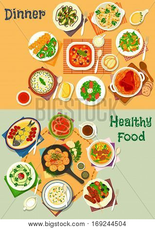 Healthy lunch and dinner icon set with italian tomato soup and pasta, vegetable salad, german pork with cabbage, baked fish, meatloaf and potato with bacon, rice soup with cheese, chicken patty