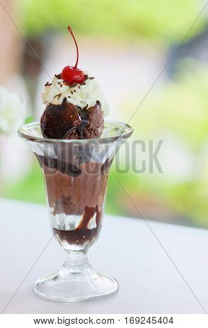 Ice Cream Sundae with chocolate sauce and curls in cup