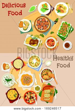 Seafood, olive, pickles dishes icon with seafood and meat salad, chicken, tomato pie, fish salad, beef stew, meatloaf, bean pate and orange salads with olives, vegetable soups, meat roll with pickles