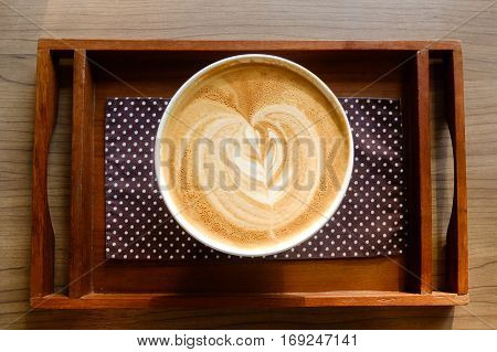Latte Bowl With Tulip Art On A Wooden Tray