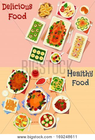 Festive dinner menu icon set with baked chicken, pig, duck and lamb, cheese bread, vegetable chips and fruit salad, meatball, ham sandwich, rice pie, stuffed egg, tomato with cheese, fried onion rings